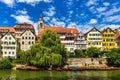 Picturesque town of Tuebingen with colourful half-timbered houses, crossed by the river Neckar. Houses at river Neckar and