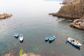 Picturesque traditional style Mediterranean fishing dinghies moored in bay