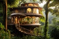 A picturesque tree house perched above the ground, surrounded by lush greenery in the heart of the forest, An eco-friendly