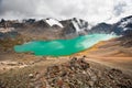 Picturesque turquoise mountain lake Ala-Kul. Alakol lake with cloudy sky. Tien Shan. Kyrgyzstan. Royalty Free Stock Photo