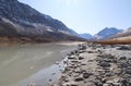 Picturesque unearthly landscape - dull-white Akkol Lake (Ak-Kol, Akkul) in the Altai Mountains in autumn, South Chuya