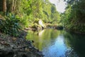 Picturesque valley in mountains and calm river. Boulders in the riverbed and rocks along the valley.