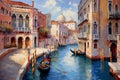 picturesque venetian canal with gondola and historic architecture in vibrant oil painting style Royalty Free Stock Photo