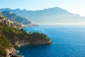 Picturesque view of the Amalfi Coast from the Conca dei Marini with morning mist above the sea, Gulf of Salerno, Campania, Italy