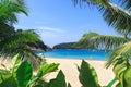 Picturesque view of Andaman sea in Phuket island, Thailand. View through the jungle on the beautiful bay and mountains. Royalty Free Stock Photo