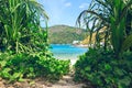 Picturesque view of Andaman sea in Phuket island, Thailand. View through the jungle on the beautiful bay and mountains. Royalty Free Stock Photo