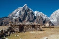 Picturesque view authentic tibetan habitation and stone fence in the Khumbu region in Nepal with majestic Taboche mountain 6501m Royalty Free Stock Photo