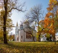 Architecture of Kievan Rus. Beautiful white old church with golden domes in autumnal park in Chernihiv, Ukraine Royalty Free Stock Photo