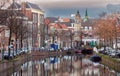 Beautiful old houses on the city embankment of Leiden