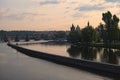 Picturesque view of the city Prague in morning. Charles Bridge over Vltava River and Archer`s Island Royalty Free Stock Photo