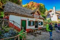 Picturesque view of a cobblestone walkway with lush foliage, leading up to quaint homes in Portugal