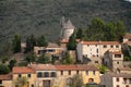 Picturesque view of Cucugnan commune with main landmark 17th-century windmill, Aude department, southern France Royalty Free Stock Photo