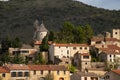 Picturesque view of Cucugnan commune with main landmark 17th-century windmill, Aude department, southern France Royalty Free Stock Photo