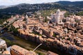 View from drone of Girona on bank of Onyar river Royalty Free Stock Photo