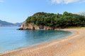 View of empty Milocer Beach in Budva Riviera near Saint Stephan island in Montenegro.