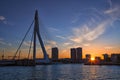 Picturesque View of Erasmus Bridge in Rotterdam Before the Sunset. City Skyline with Lights Off Royalty Free Stock Photo