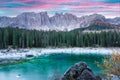 Picturesque view on frozen Karersee lake