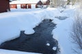 Picturesque view of frozen pond and houses on snowy day. Winter landscape Royalty Free Stock Photo