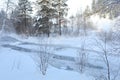 Picturesque view of frozen pond and trees covered with snow outdoors. Winter landscape Royalty Free Stock Photo