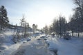 Picturesque view of frozen pond and trees covered with snow outdoors. Winter landscape Royalty Free Stock Photo