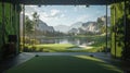 View of golf course simulator with mountains in background from building Royalty Free Stock Photo