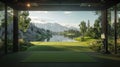 View of golf course simulator with mountains in background from building Royalty Free Stock Photo