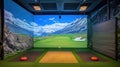 View of golf course simulator with mountains in background from building Royalty Free Stock Photo