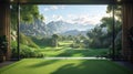 View of golf course simulator with mountains in background from building Royalty Free Stock Photo