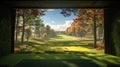 View of golf course simulator with mountains in background from building Royalty Free Stock Photo