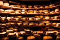 A picturesque view of a gourmet cheese cellar with aged wheels of cheese on wooden shelves and soft ambient lighting