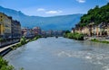 Picturesque view on Grenoble city and bridges on Isere river