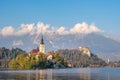 Picturesque view of the island on Lake Bled and Bled castle.