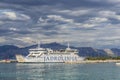 Picturesque view of Jadrolinija ferry on the way to Supetar. Jadrolinija is Croatian shipping company founded in 1947 in Rijeka.