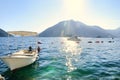 Picturesque view of Kotor bay near Perast, Montenegro. Sea, boats and two small famous islands, St. George, Our Lady of the Rocks Royalty Free Stock Photo