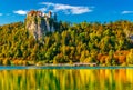 Picturesque view of Lake Bled in autumn, Slovenia. Beautiful landscape with colorful trees on the hills reflected in the water Royalty Free Stock Photo