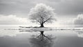 Picturesque view of leafless lonely tree growing and reflecting in lake Royalty Free Stock Photo
