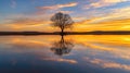Picturesque view of leafless lonely tree growing and reflecting in tranquil lake on setting sun Royalty Free Stock Photo