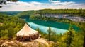 A picturesque view of a luxurious glamping tent perched on a cliff overlooking