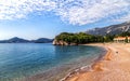 Picturesque view of Milocer Beach in Budva Riviera near Saint Stephan island in Montenegro.