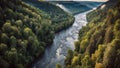 Picturesque view of a mountain river flowing through a dense taiga forest