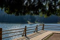 Picturesque view at mountaine lake Synevyr in Ukraine in the middle of mountain forest