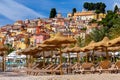 Menton. Antique multi-colored facades of medieval houses on the shore of the bay.