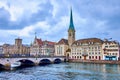 Munsterbrucke bridge that spans the Limmat River and stunning Fraumunster church, Zurich, Switzerland