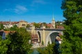 Bern\'s Nydegg Church rises above the Unterbrucke bridge over Aare River Royalty Free Stock Photo