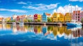 Picturesque view of old city center of Willemstad with colorful houses. Checkers World Cup. Banner. Generative AI
