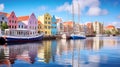 Picturesque view of old city center of Willemstad with colorful houses. Checkers World Cup. Banner. Generative AI