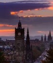 Picturesque view over evening Edinburgh old town with Princess street from Calton hill, Scotland