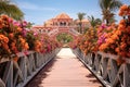 Picturesque view of the Rif Fort pedestrian bridge connecting sides of Willemstad, surrounded by palm trees and flowers