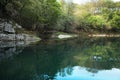 Picturesque view of rocky pond shore in park