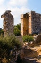 Picturesque view ruins of ancient stone wall. Ruins of roman villa in Akkale literally `white castle`, Akdeniz,Turkey.